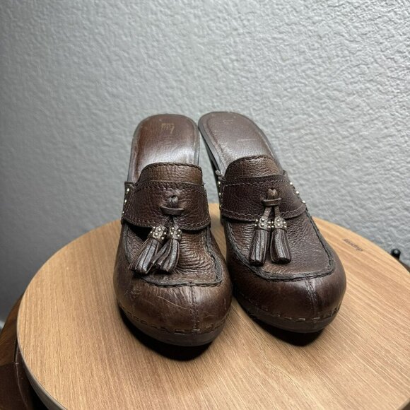 Michael Kors San‎ Antonio Mules Brown Leather Tassel Heeled Womens Size 7 - Picture 2 of 10